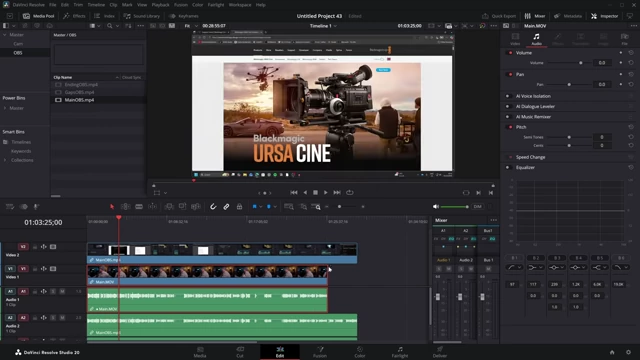 Unaligned camera and OBS audio tracks on the timeline before synchronization