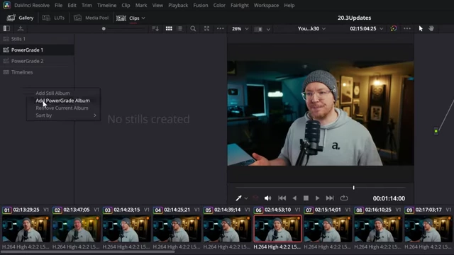 Context menu in the Gallery to add a new PowerGrade Album for organizing custom color grades