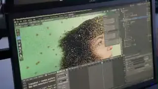 A procedural system in Blender generating complex hair simulations over a green screen background.
