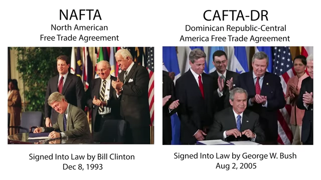 NAFTA and CAFTA trade agreements signed into law under different presidents.