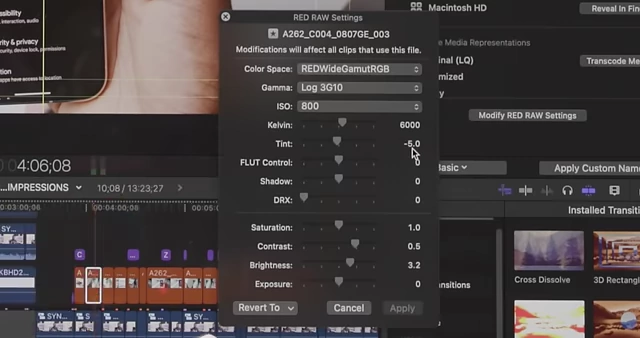 Raw camera settings for color correction, specifically adjusting Kelvin and Tint to remove green casts
