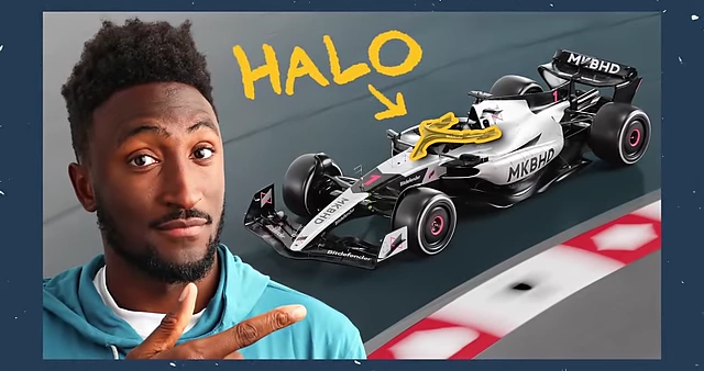 The winning F1 video thumbnail, featuring Marques next to a race car with "HALO" indicated by an arrow