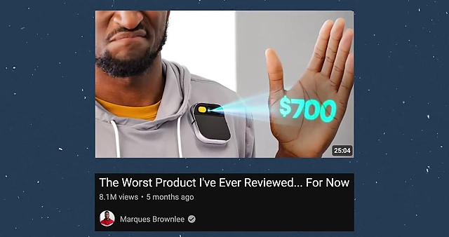 The YouTube thumbnail for the Humane AI Pin review, illustrating a clear thesis