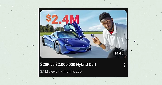 Thumbnail for the "$20,000 vs $2 Million Hybrid Car" video, showcasing a more playful editing approach