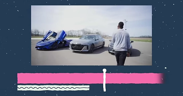 An editing timeline showing music cues and car B-roll for a playful tone