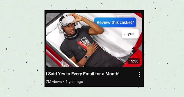 Thumbnail for the "I Said Yes to Every Email for a Month" video, featuring Marques in a casket