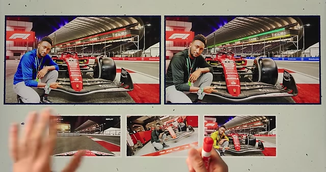 F1 video thumbnail drafts, featuring Marques with a race car, illustrating challenges with limited footage