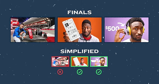 A summary comparing final thumbnail designs, highlighting simplified and successful versions versus complex ones