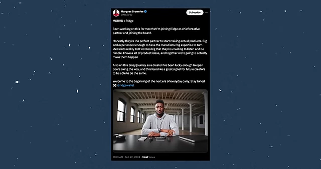 A tweet announcing a partnership involving equity, illustrating a beneficial brand deal when aligned with content