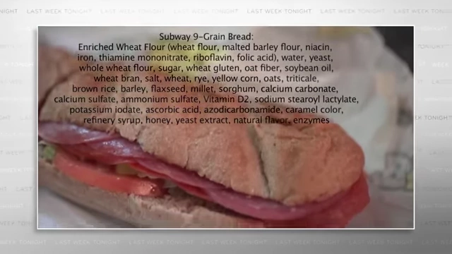 An ingredient list for Subway's 9-Grain Bread, showing "azodicarbonamide," an ingredient Vani Hari famously targeted.