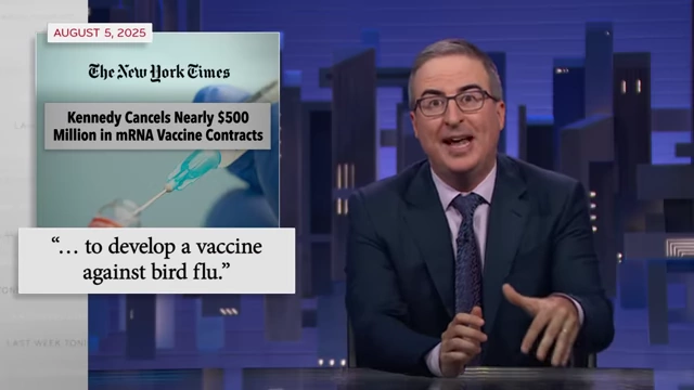 A New York Times article reports on Kennedy canceling nearly $500 million in mRNA vaccine contracts, including for a bird flu vaccine.