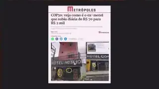 Screenshot of a news headline "COP30: veja como é o ex-motel que subiu diária de R$ 70 para R$ 2 mil" next to images of the hotel