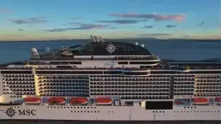 Aerial view of a large luxury cruise ship, MSC Civil, on the water