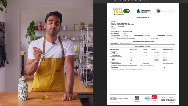 A lab report details the measured levels of various compounds, including polyphenols, in an olive oil sample.