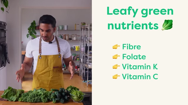 An infographic lists key nutrients found in leafy green vegetables.