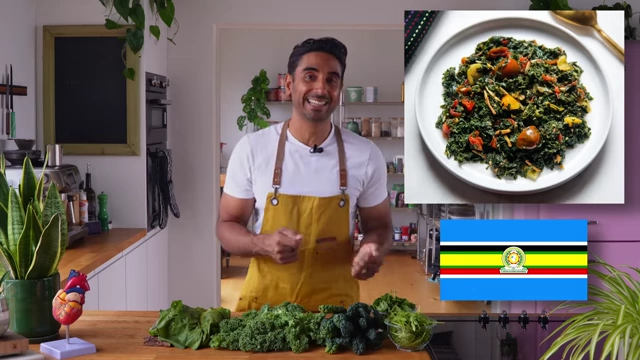 A vibrant dish of Sukuma Wiki (collard greens) from East Africa, served with a side, is shown.