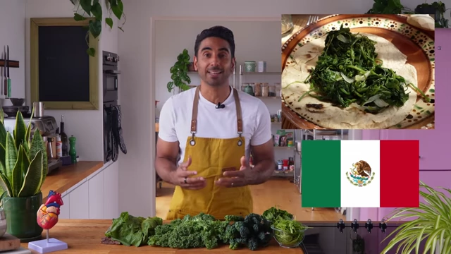 Quelites, edible wild greens from Mexico, are served on a tortilla.