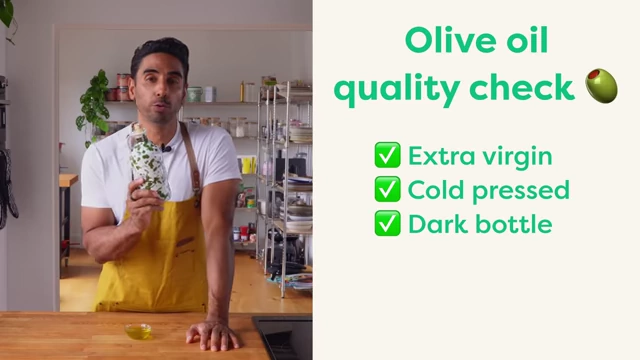 A checklist for olive oil quality includes being extra virgin, cold-pressed, and stored in a dark bottle.
