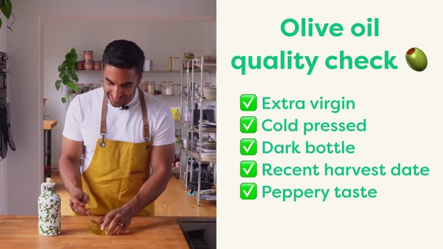 A quality checklist for olive oil includes factors like being extra virgin, cold-pressed, in a dark bottle, fresh, and having a peppery taste.