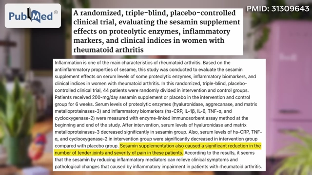 A PubMed study shows that sesamin supplementation significantly reduces the number of tender joints and severity of pain in women with rheumatoid arthritis.