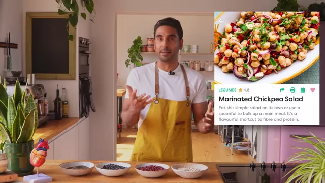 A recipe card for "Marinated Chickpea Salad" is shown.