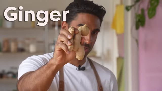 Fresh ginger root is shown as a source of anti-inflammatory compounds.