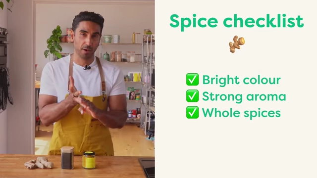 A checklist for spice quality includes bright color, strong aroma, and opting for whole spices.