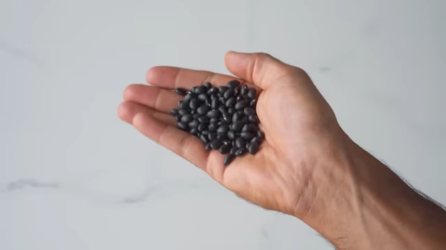 A hand holds a small pile of black beans.