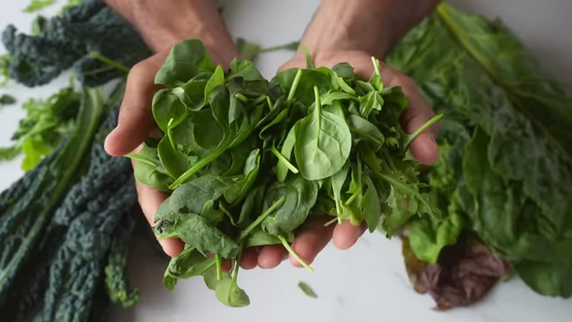 Hands hold a large handful of mixed leafy greens.