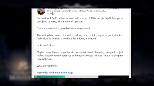 前暴雪动画师对比了Concord与他个人制作的Roblox游戏成本和玩家数量，预示“独立革命”的到来