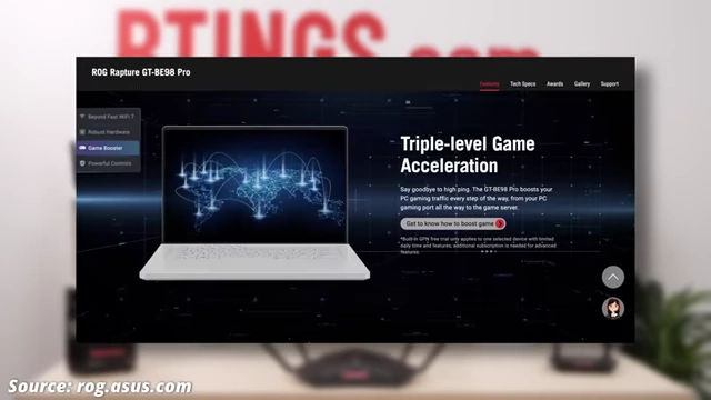 华硕ROG Rapture GT-BE98 Pro产品页面截图，突出显示“三重游戏加速”功能