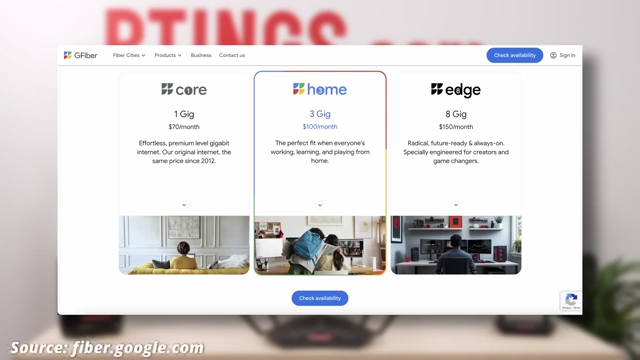 Google Fiber的互联网服务计划列表，显示了1 Gig、3 Gig和8 Gig的选项及其每月费用