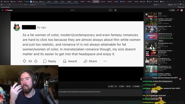Reddit用户评论，认为怪兽浪漫能让体型较胖或有色人种女性更容易代入。