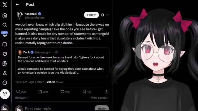 Hasan's tweet commenting on Asmongold's ban, suggesting a lack of mass reporting and calling Asmongold a "racist, morally repugnant Trump drone"