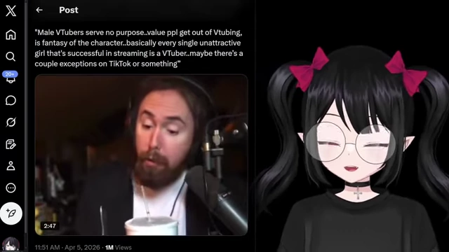 Asmongold's tweet stating "male VTubers serve no purpose" and criticizing successful female VTubers