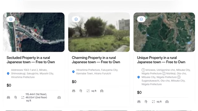 Online listings for "Free to Own" secluded and charming properties in rural Japan