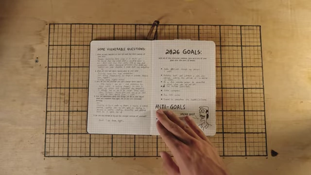 A journal page with sections for 'FIVE VULNERABLE QUESTIONS', '2026 GOALS', and 'ANTI-GOALS'.
