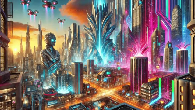 A futuristic, neon-lit city, symbolizing the 'AI heaven' vision
