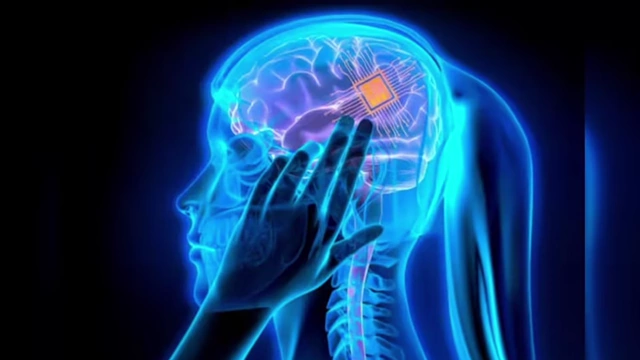 An illustration of a human head with a microchip embedded, depicting 'merging with AI'