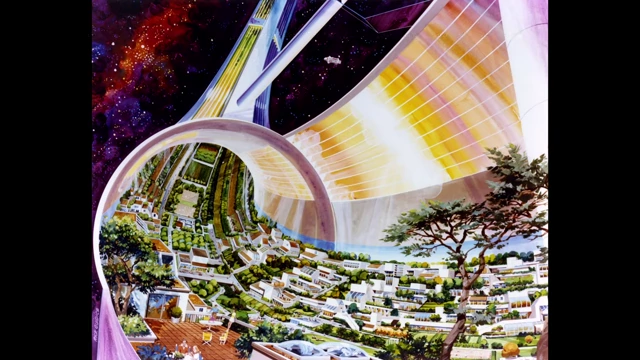 An artistic rendering of a space colony, representing 'humanity's future among the stars'