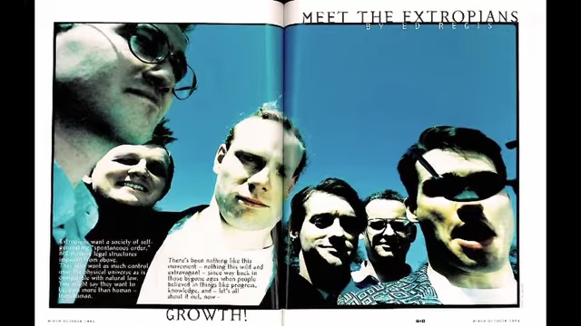 A magazine spread titled 'Meet the Extropians' from the 1980s