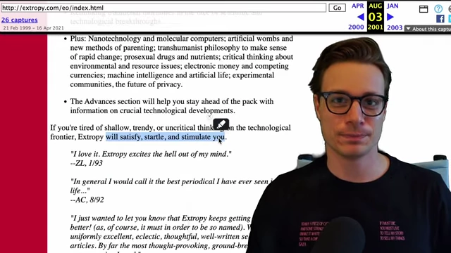 A screenshot of the archived Extropy Online website with a quote about stimulating ideas