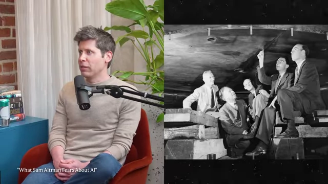 Sam Altman juxtaposed with a historical photo of Manhattan Project scientists