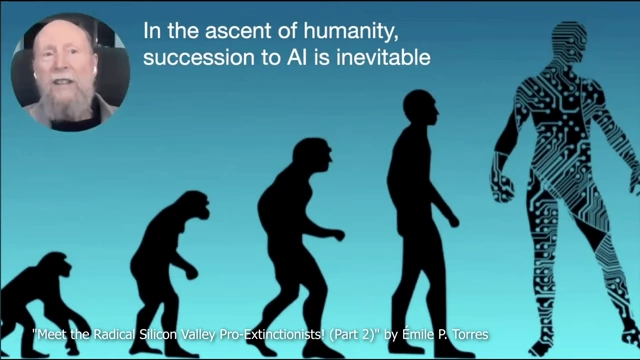 A diagram showing the 'ascent of humanity' culminating in a cyborg-like AI, with Richard Sutton's quote