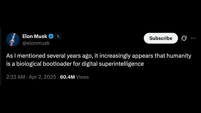 An Elon Musk tweet suggesting humanity is a 'biological bootloader for digital superintelligence'