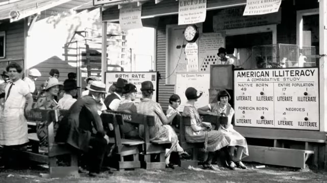 A historical image from a Eugenics Exhibit showcasing 'American Illiteracy'