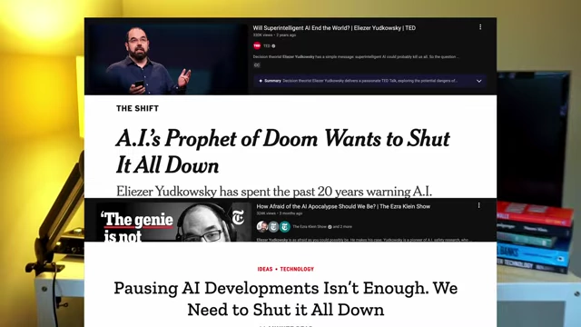 Another headline, 'Pausing AI Developments Isn't Enough. We Need to Shut It All Down,' associated with Yudkowsky
