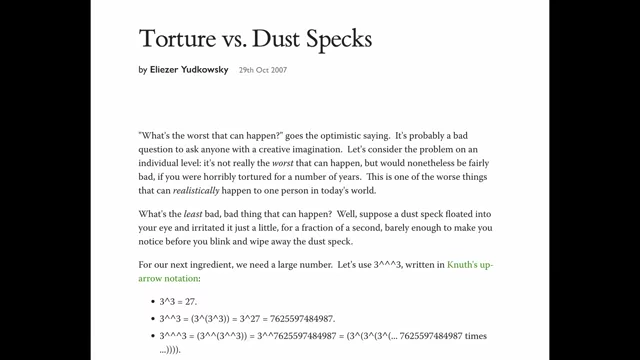 The title of Eliezer Yudkowsky's blog post 'Torture vs. Dust Specks'