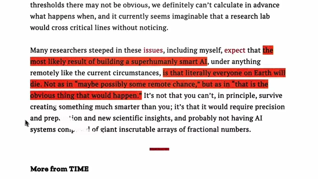A quote from Eliezer Yudkowsky's Time Oped predicting global death from superhuman AI