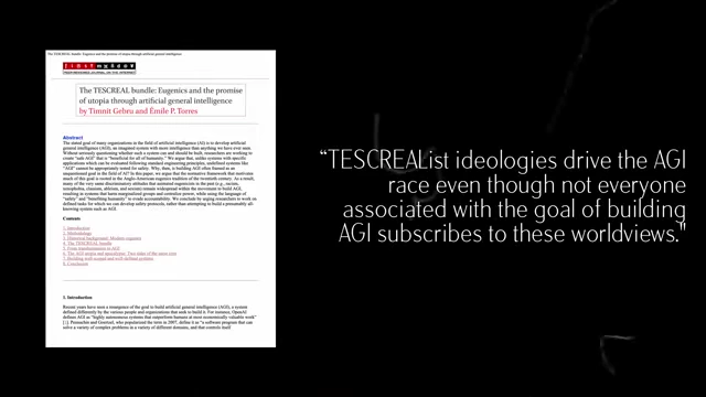 A quote from Gebru and Torres' Tescreel paper on ideologies driving the AGI race